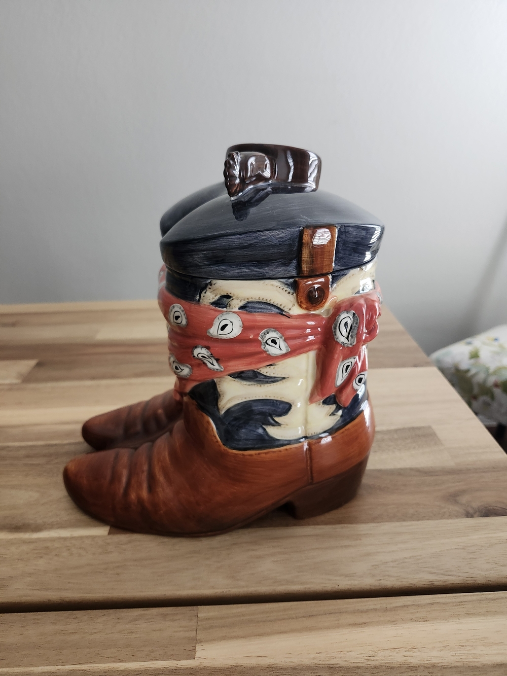 Rustic Ceramic Cowboy Boot Cookie Jar in Brown and Red